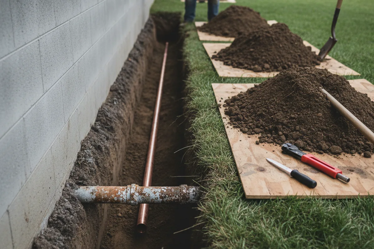 Excavated water line trench during Sewer Line Repair in Tenaha